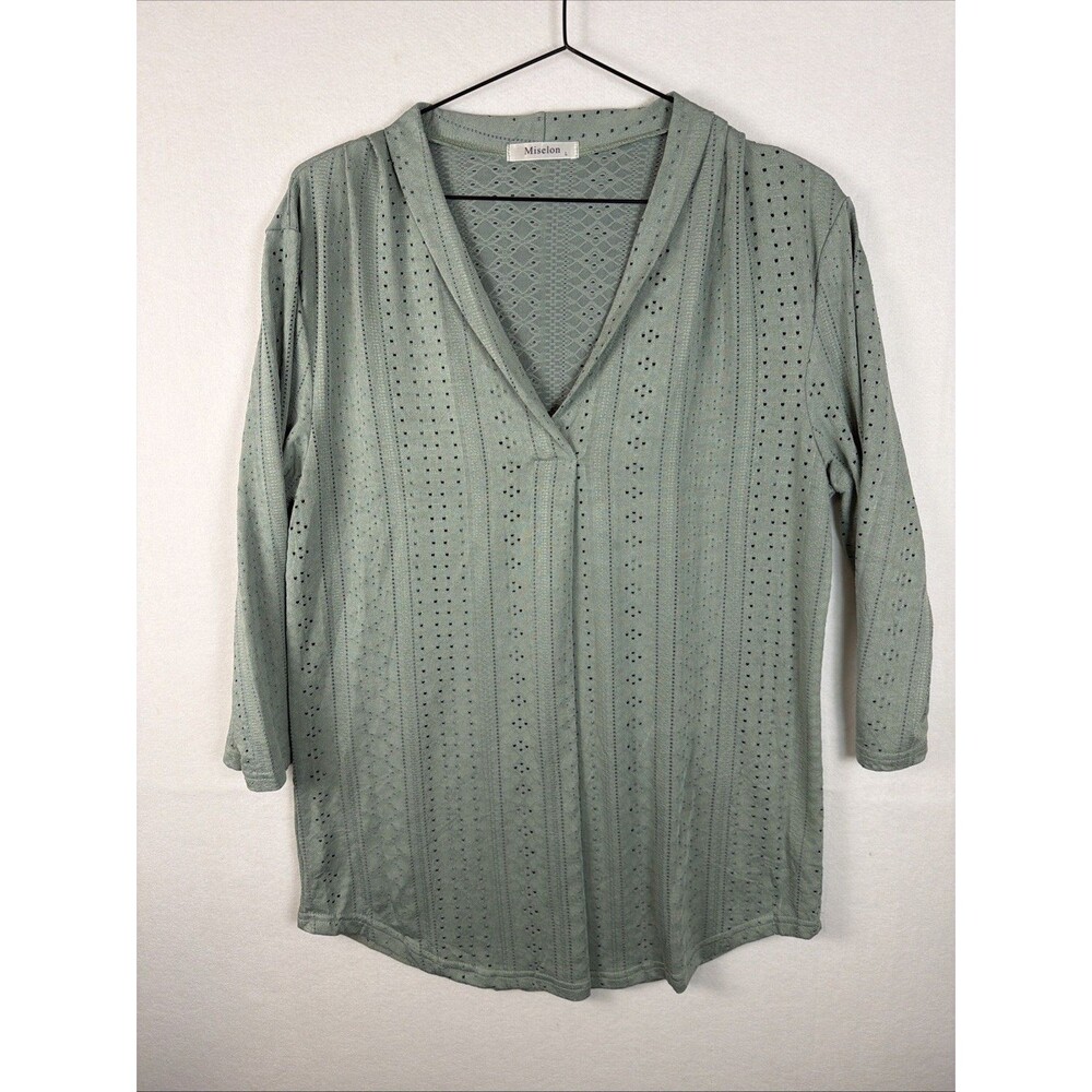 Miselon Woman’s Blouse Size L Eyelet Green V Neck 3/4 Length Sleeves
